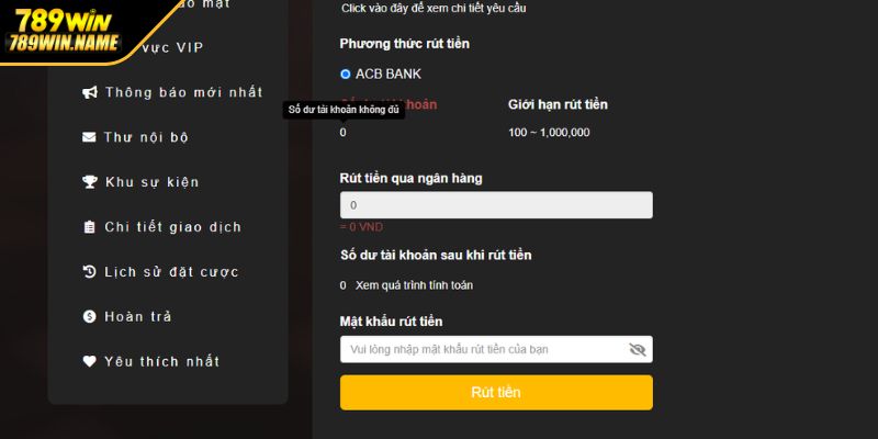 Nhập số tiền và xác nhận rút tiền 789WIN
